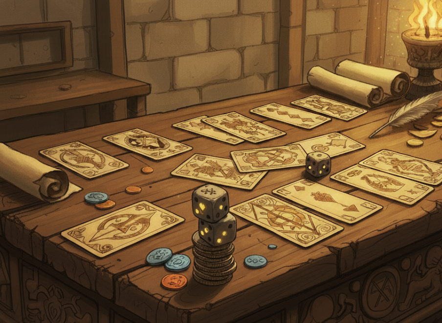 Diagram of the game setup, showing the Draw Deck, Forge Pile, Catalyst Cards, and player areas.